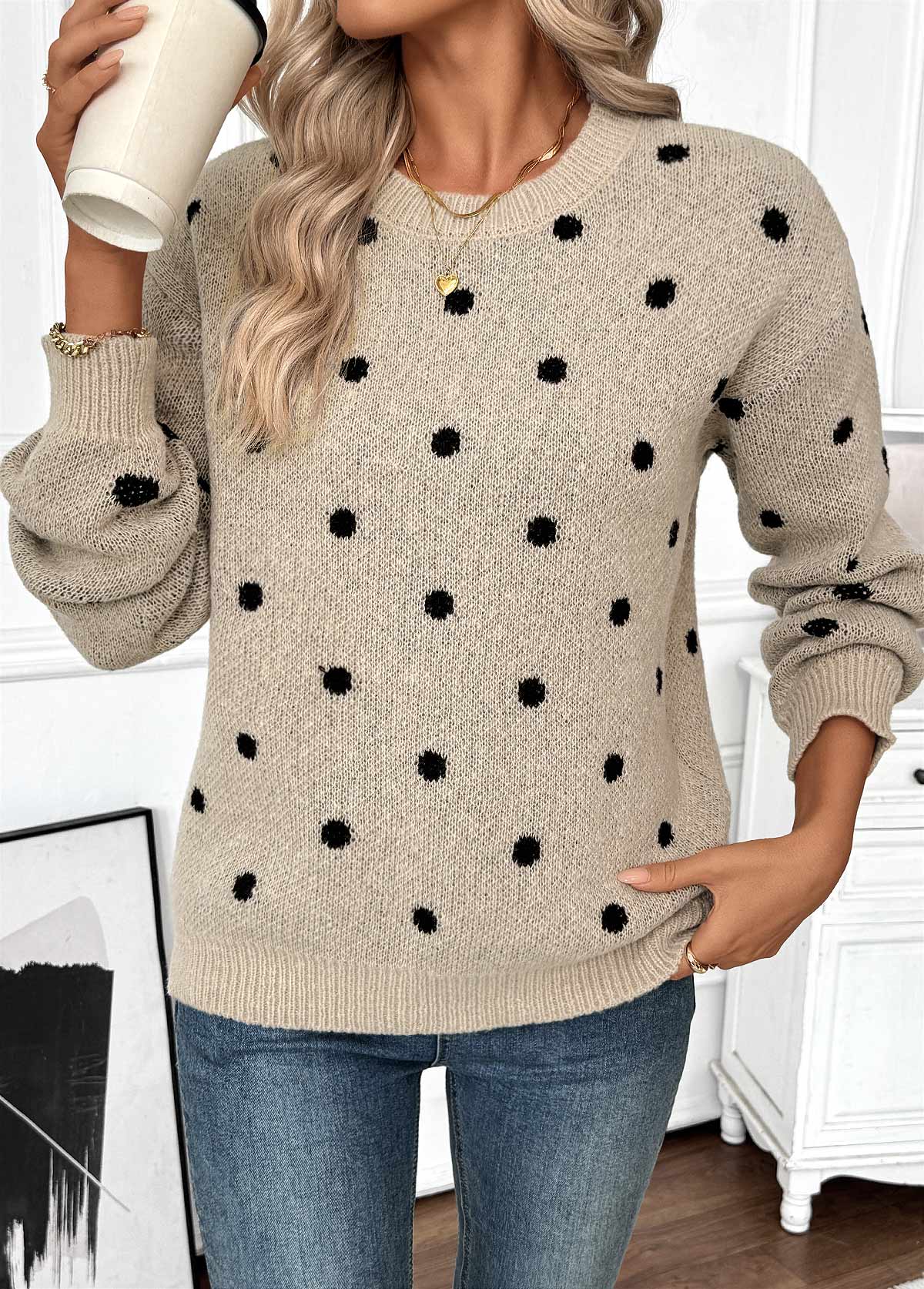 Light Camel Tummy Coverage Polka Dot Long Sleeve Sweater | picture 