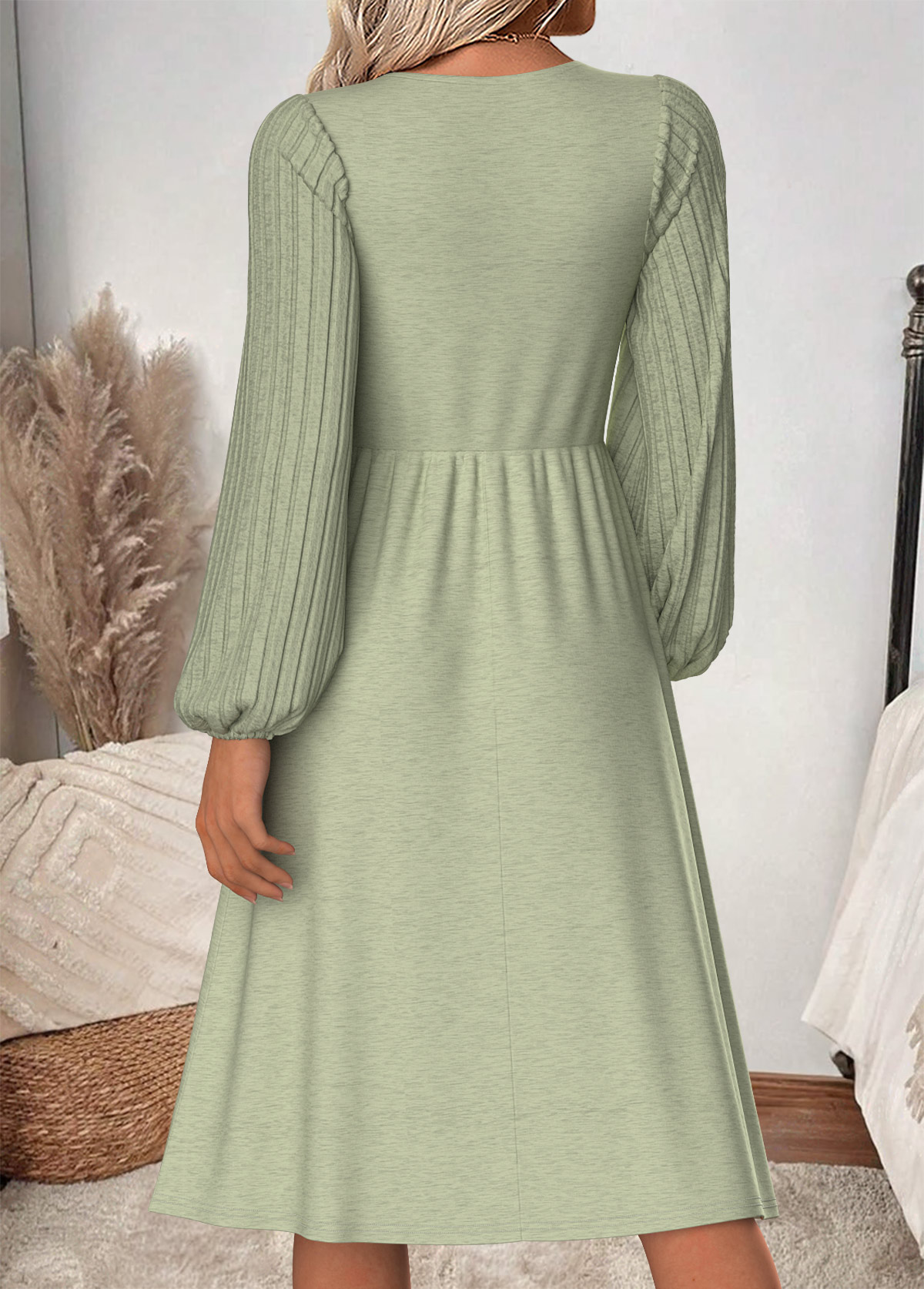 Sage Green Tummy Coverage Long Sleeve V Neck Dress | picture 
