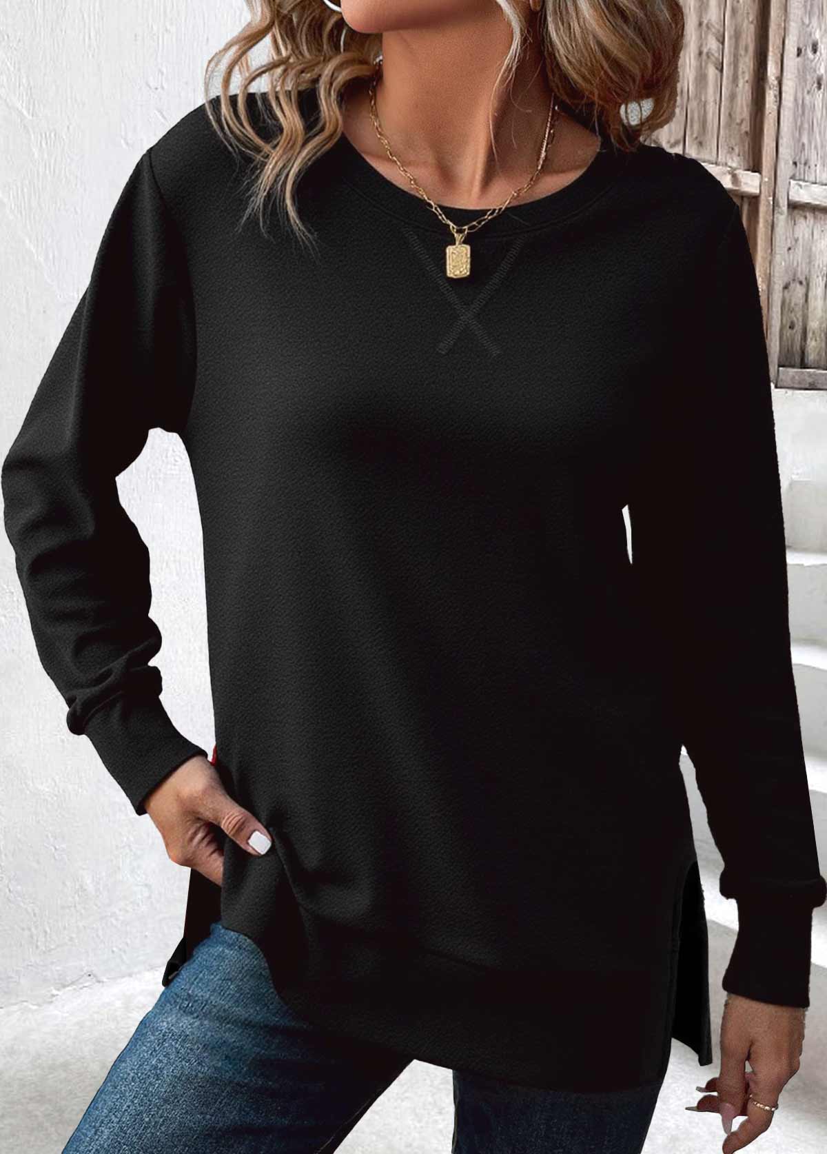 Black Tummy Coverage Long Sleeve Round Neck Sweatshirt | picture 