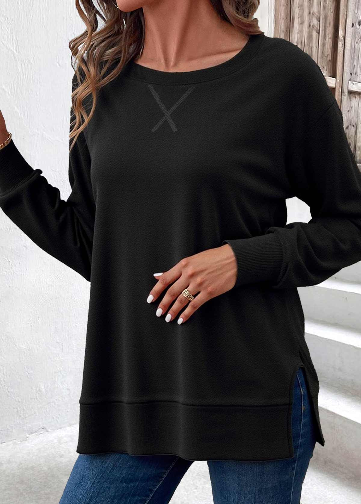 Black Tummy Coverage Long Sleeve Round Neck Sweatshirt | picture 