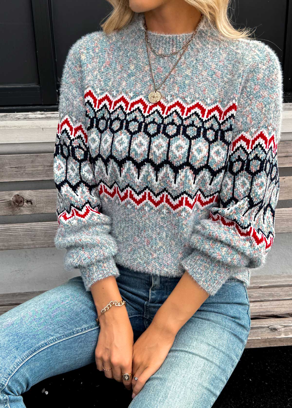 Grey Tummy Coverage Geometric Print Long Sleeve Sweater | picture 