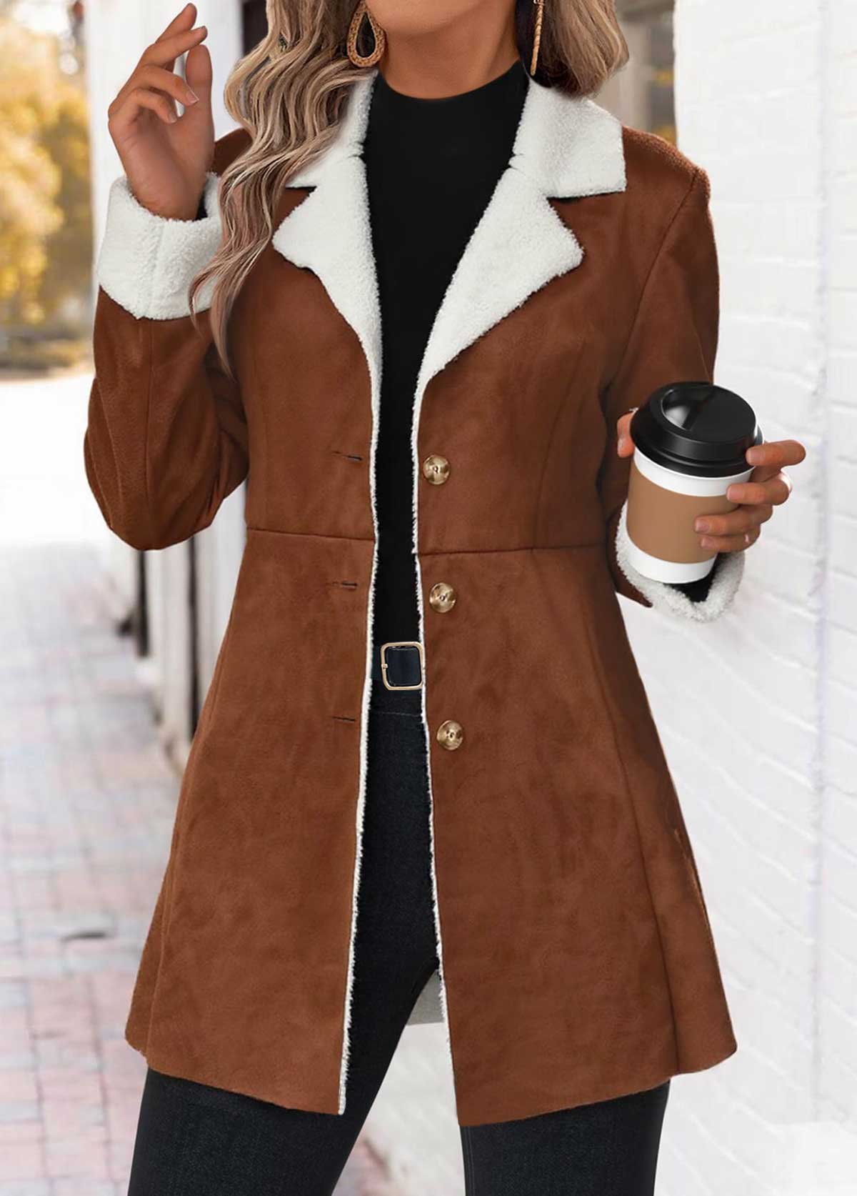 Dark Coffee Tummy Coverage Long Sleeve Lapel Coat | picture 