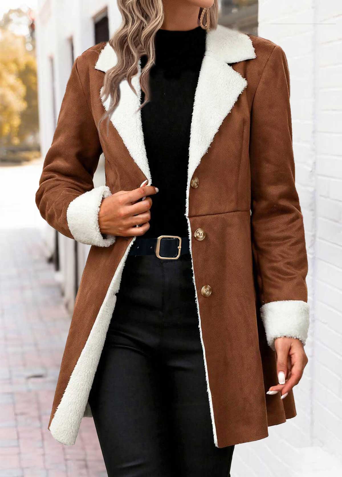 Dark Coffee Tummy Coverage Long Sleeve Lapel Coat | picture 