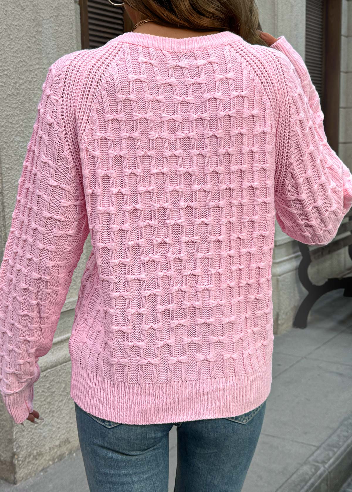 Pink Button Long Sleeve Round Neck Sweater | picture 
