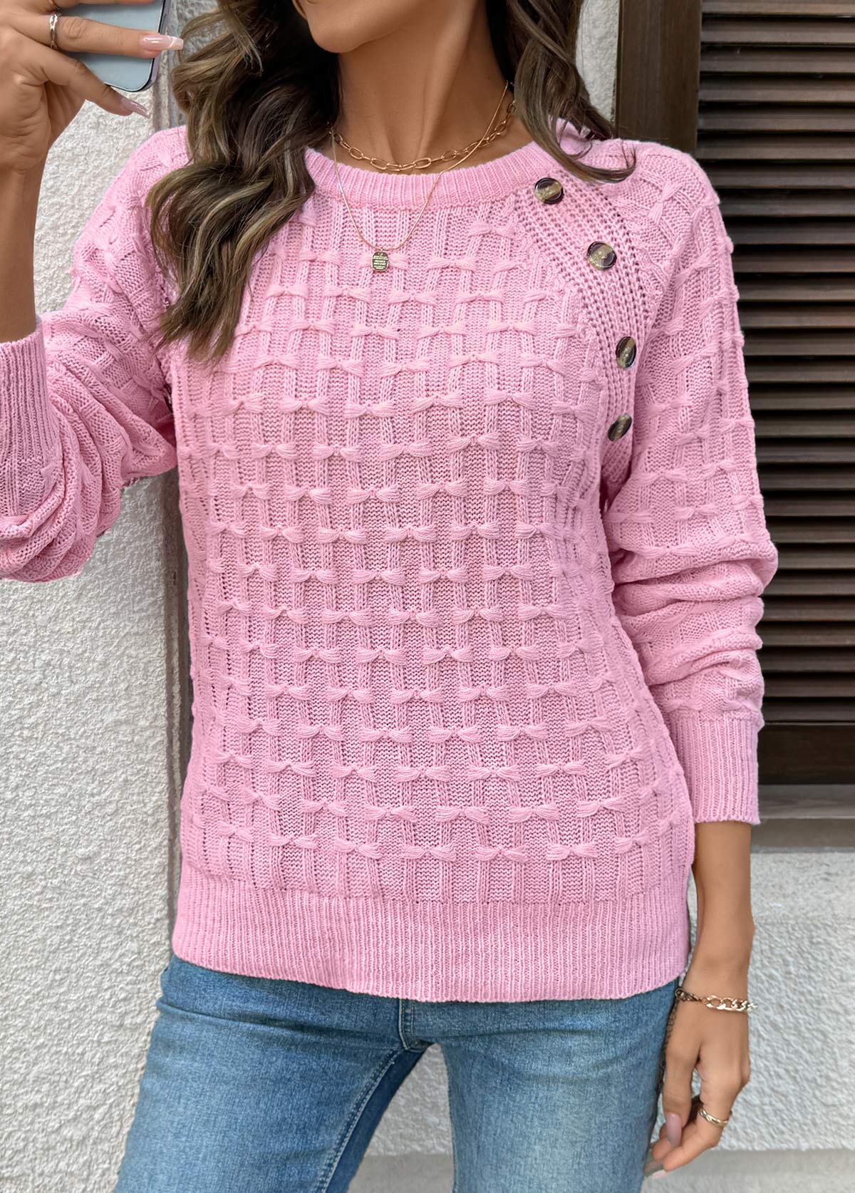 Pink Button Long Sleeve Round Neck Sweater | picture 