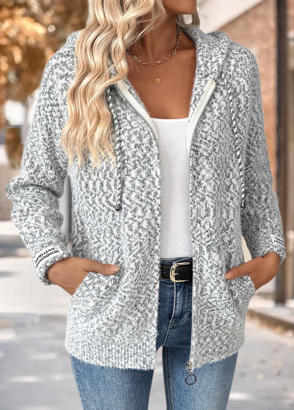Grey Tummy Coverage Geometric Print Long Sleeve Hooded Cardigan | picture 