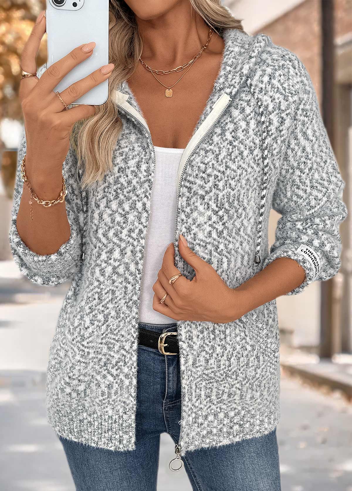Grey Tummy Coverage Geometric Print Long Sleeve Hooded Cardigan | picture 