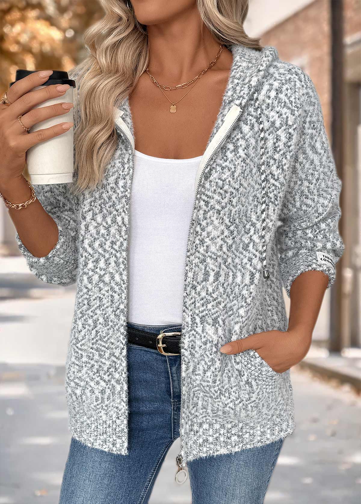 Grey Tummy Coverage Geometric Print Long Sleeve Hooded Cardigan | picture 