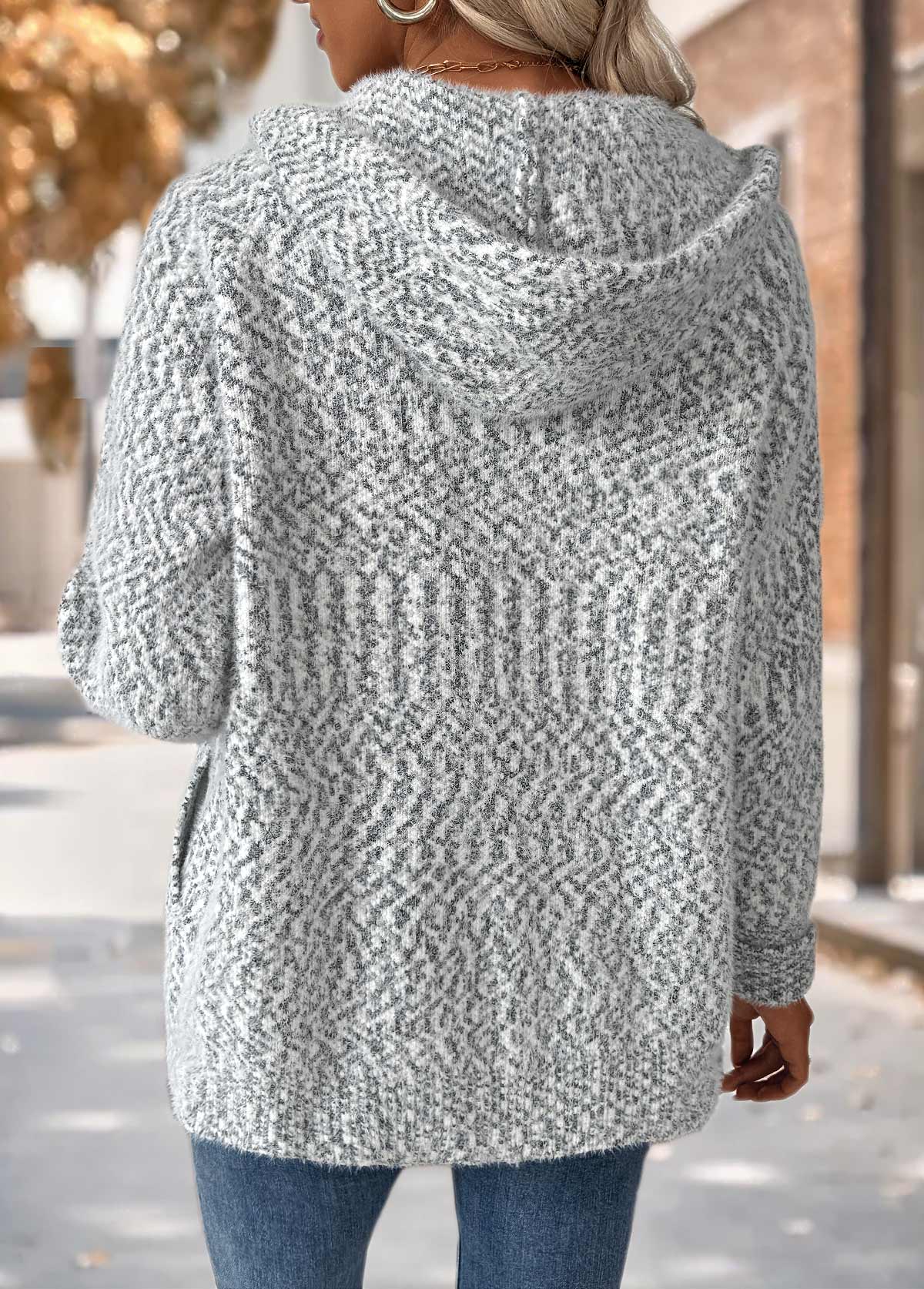 Grey Tummy Coverage Geometric Print Long Sleeve Hooded Cardigan | picture 