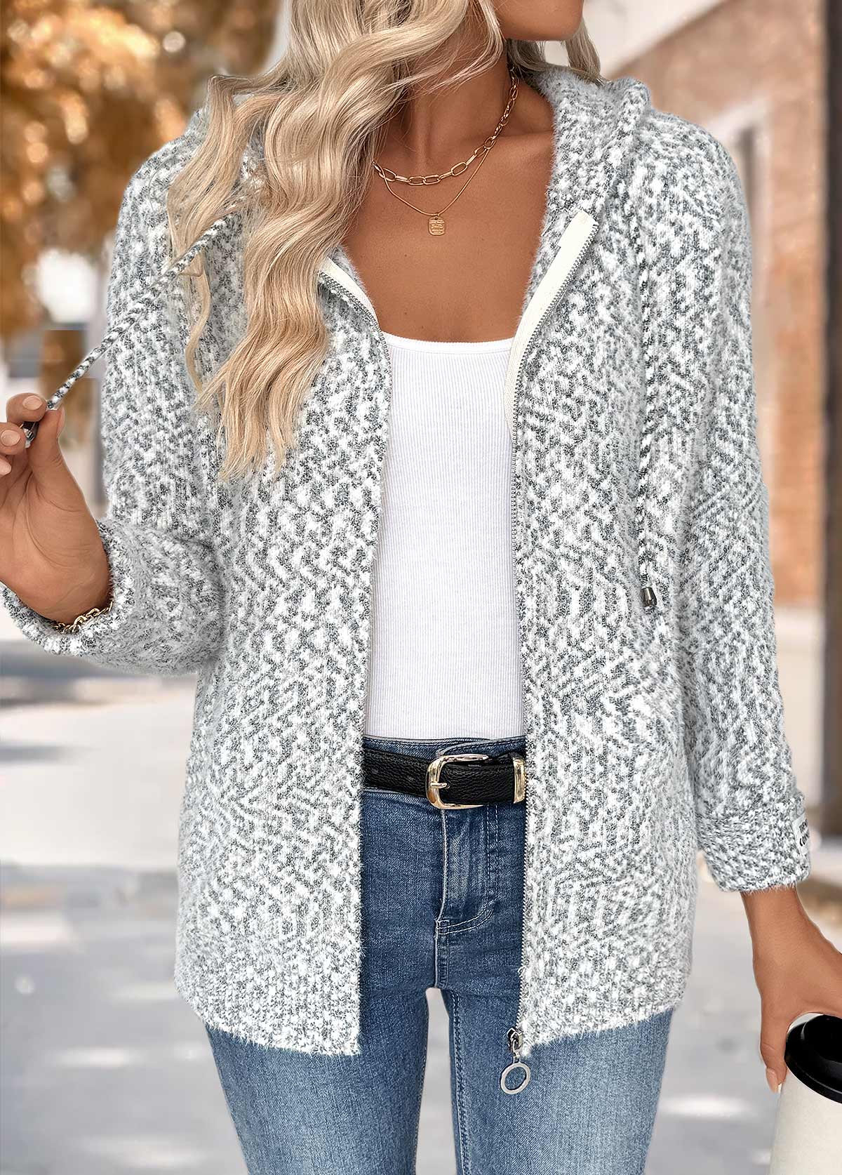 Grey Tummy Coverage Geometric Print Long Sleeve Hooded Cardigan | picture 