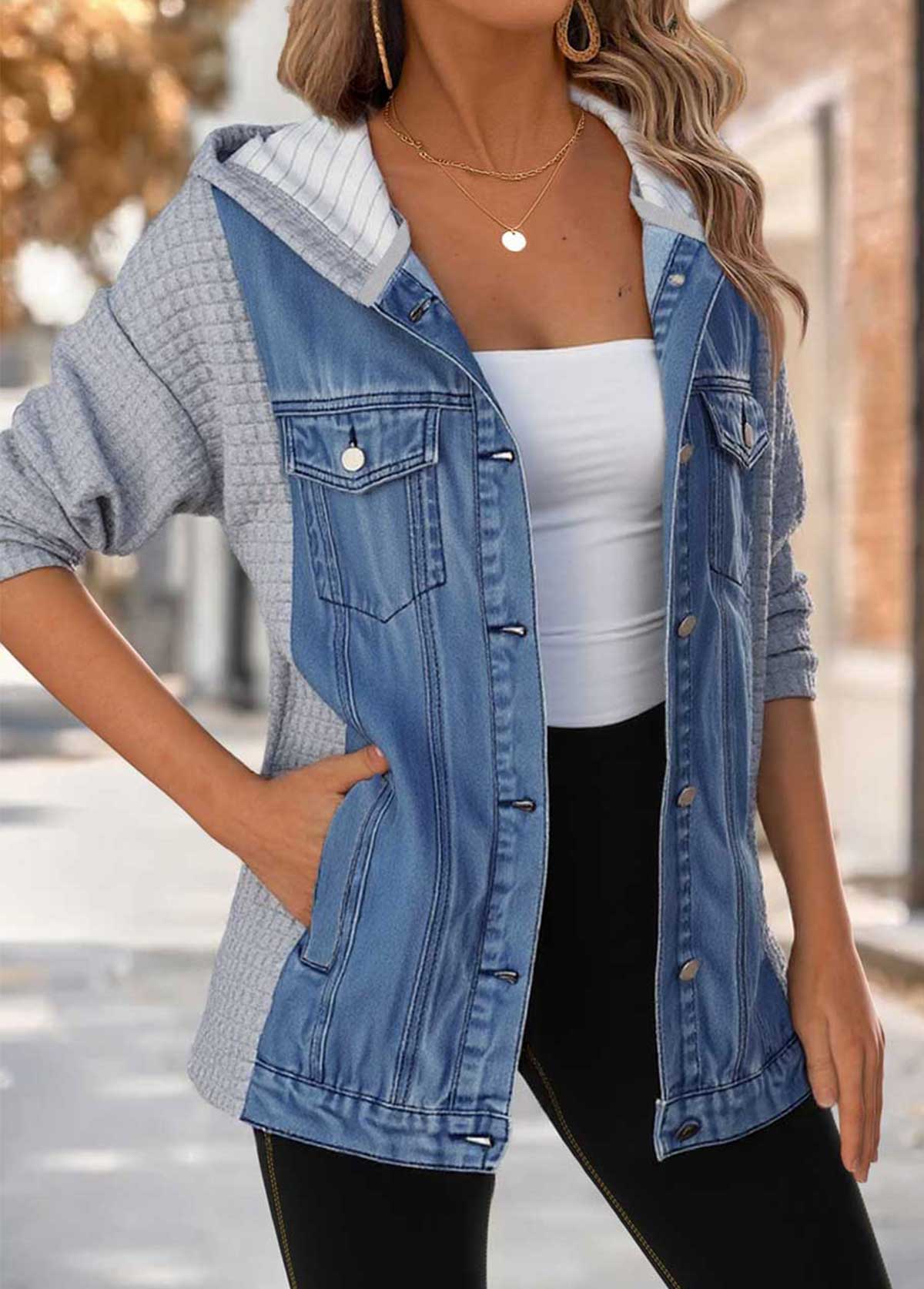 Denim Blue Tummy Coverage Long Sleeve Hooded Coat | picture 