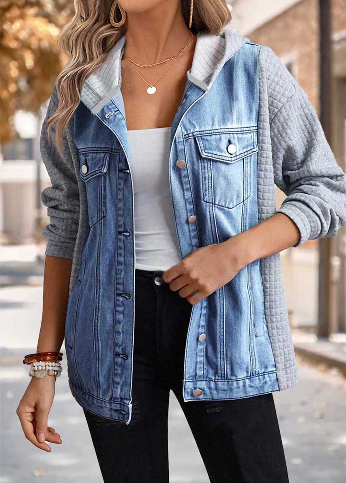 Denim Blue Tummy Coverage Long Sleeve Hooded Coat | picture 