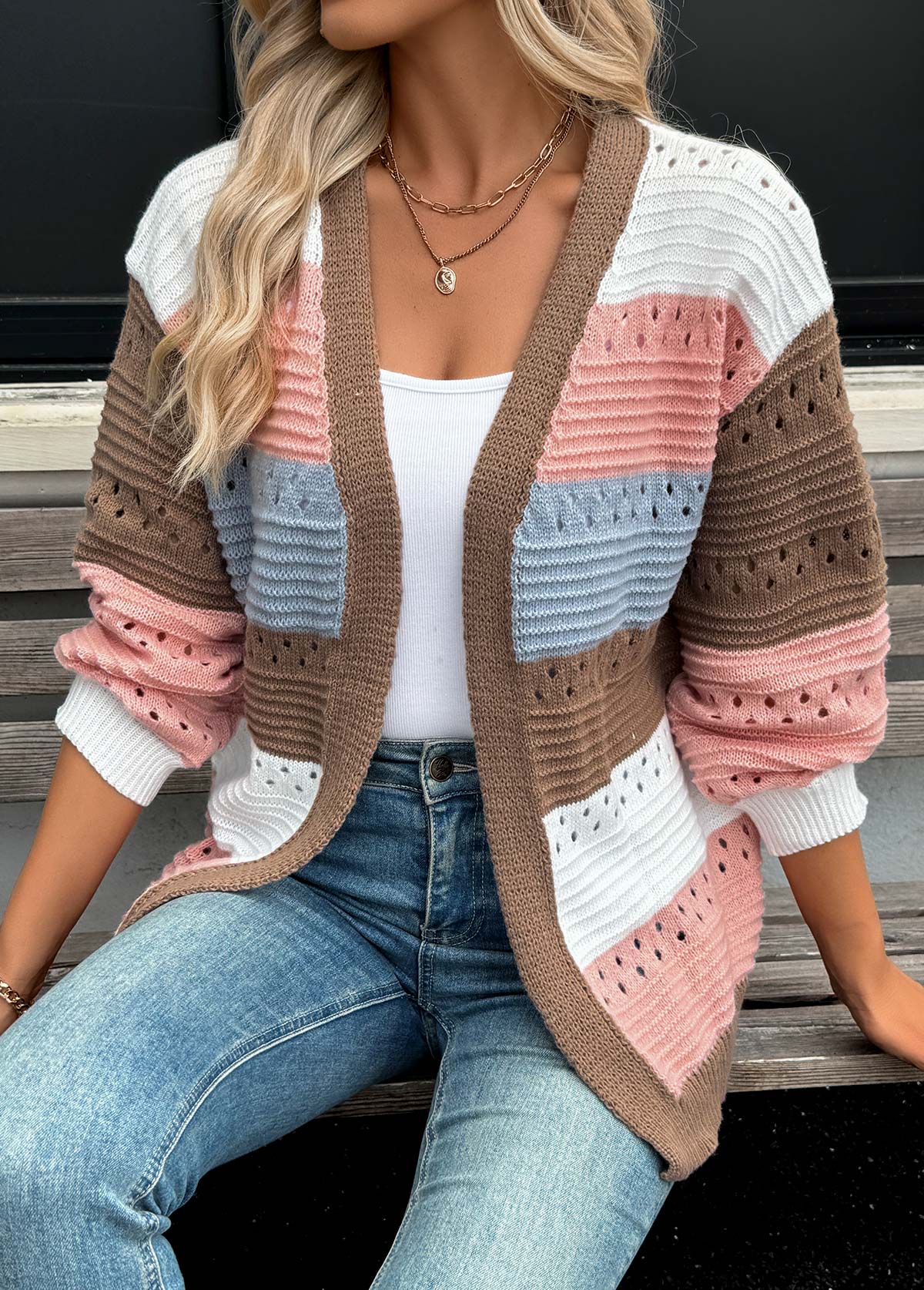 Pink Tummy Coverage Striped Long Sleeve Cardigan | picture 