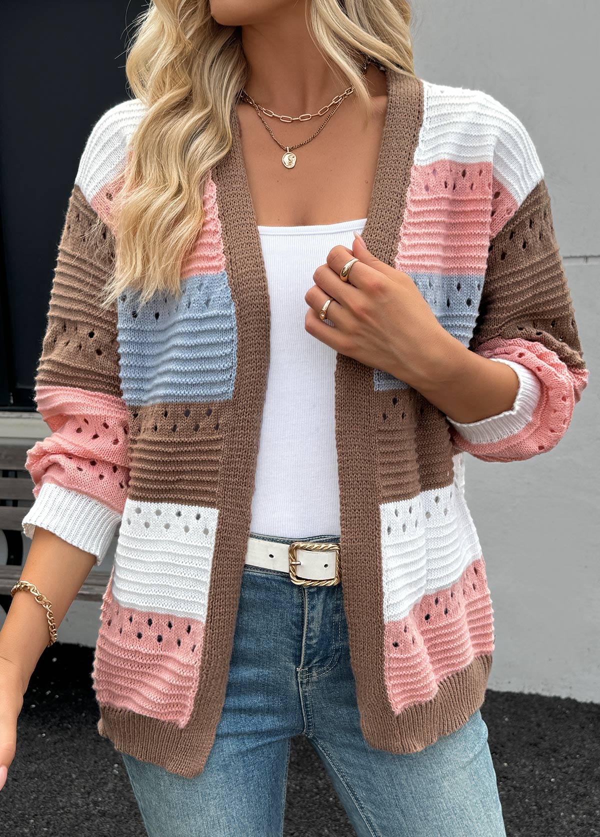 Pink Tummy Coverage Striped Long Sleeve Cardigan | picture 