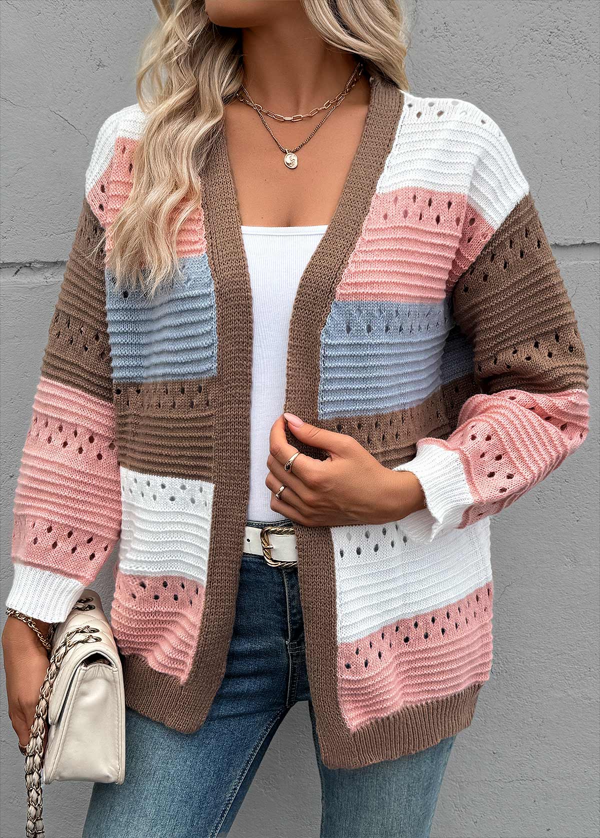 Pink Tummy Coverage Striped Long Sleeve Cardigan | picture 