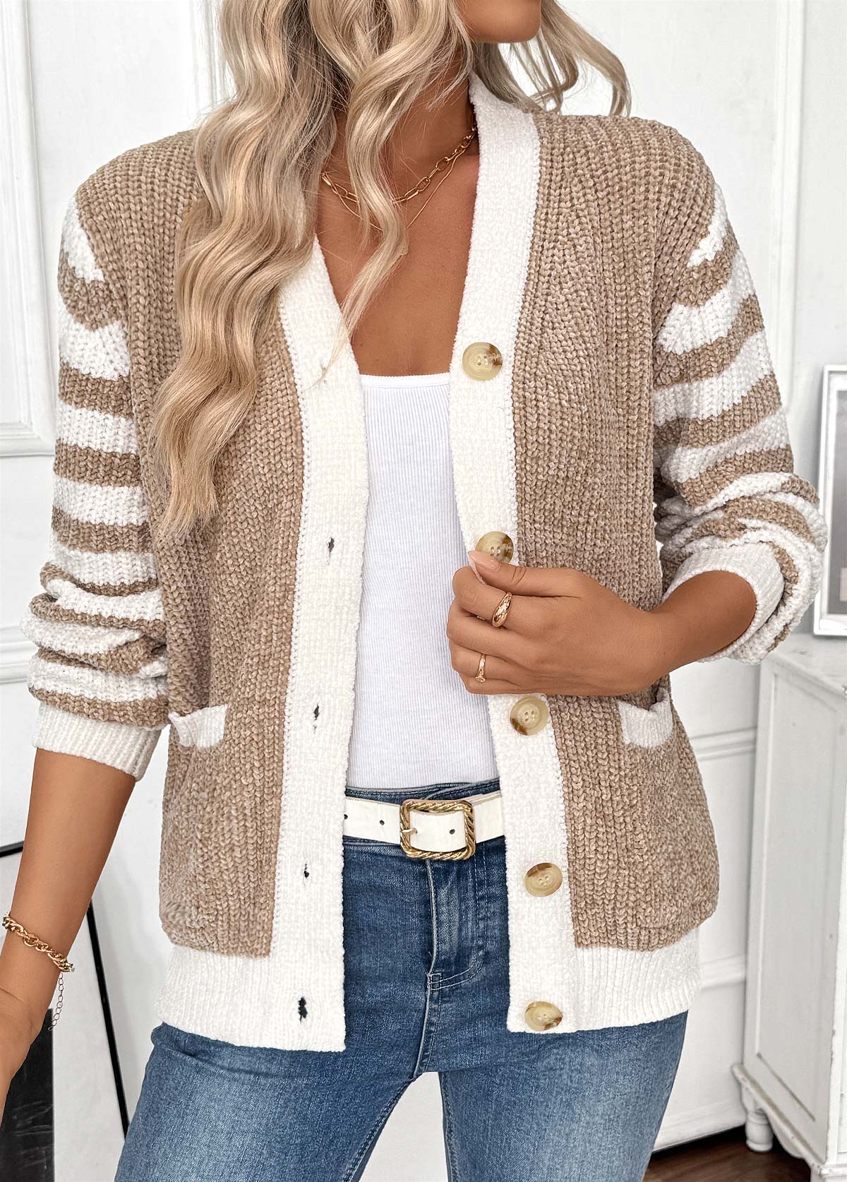 Light Camel Tummy Coverage Striped Long Sleeve Cardigan | picture 