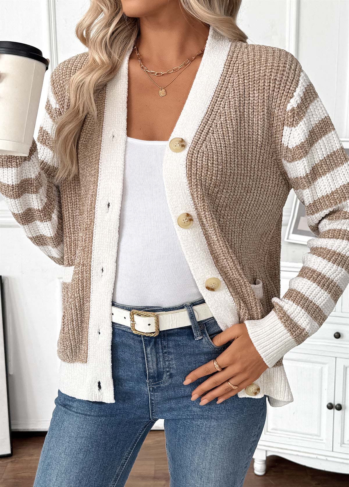 Light Camel Tummy Coverage Striped Long Sleeve Cardigan | picture 