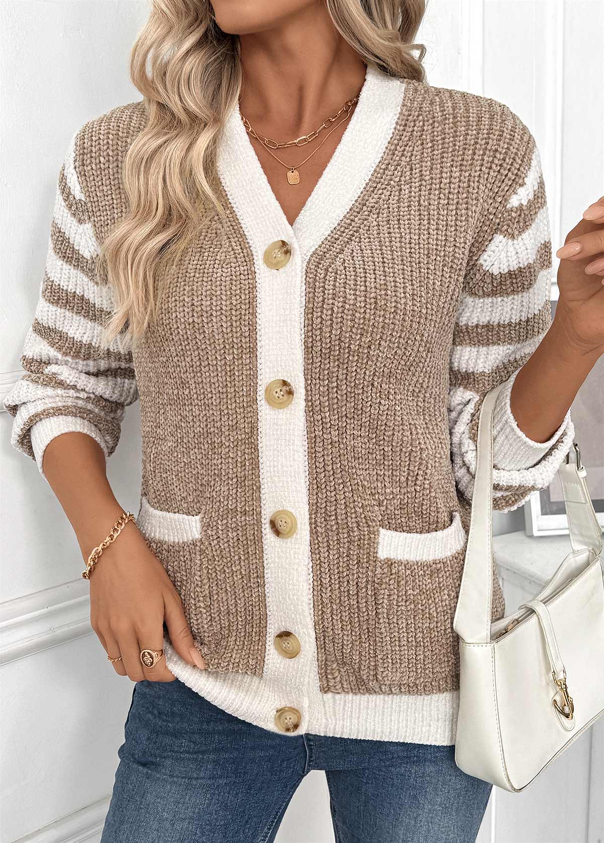 Light Camel Tummy Coverage Striped Long Sleeve Cardigan | picture 