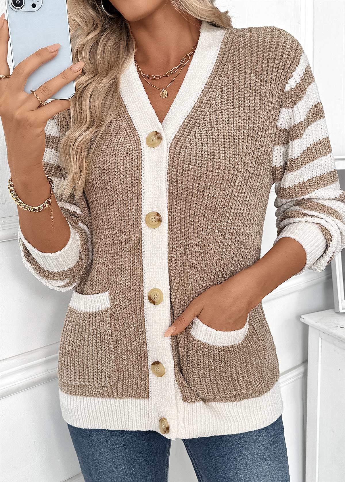 Light Camel Tummy Coverage Striped Long Sleeve Cardigan | picture 