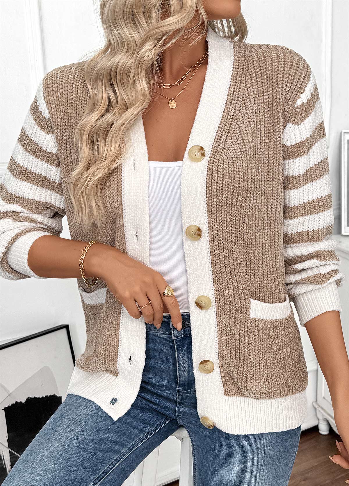 Light Camel Tummy Coverage Striped Long Sleeve Cardigan | picture 