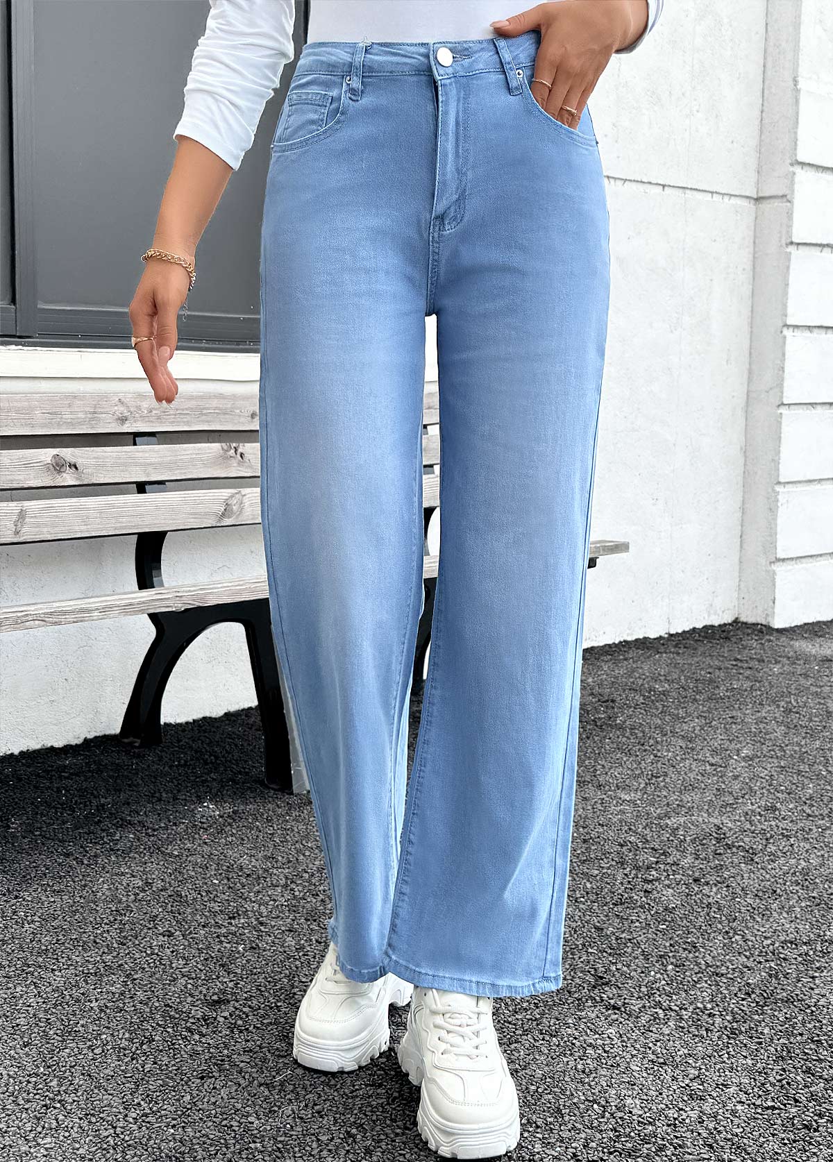 Denim Blue Pocket Straight Leg Button Fly Jeans | picture 