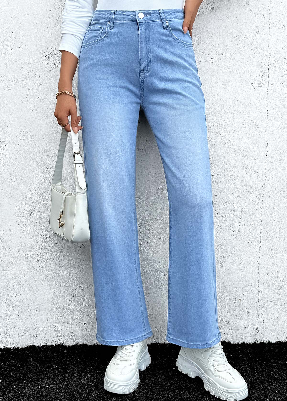 Denim Blue Pocket Straight Leg Button Fly Jeans | picture 