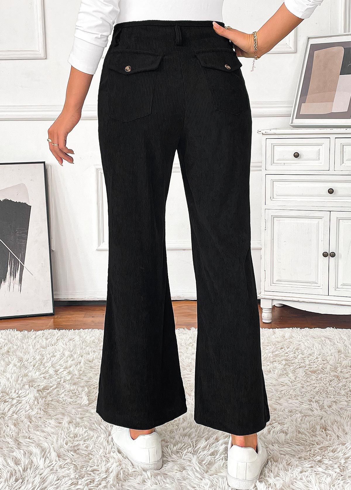 Black Pocket Flare Leg Button Fly High Waisted Pants | picture 