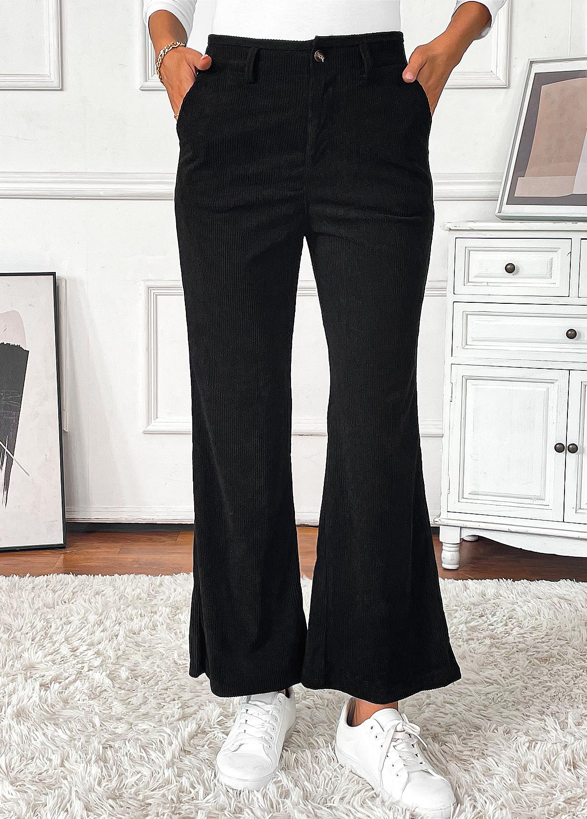 Black Pocket Flare Leg Button Fly High Waisted Pants | picture 
