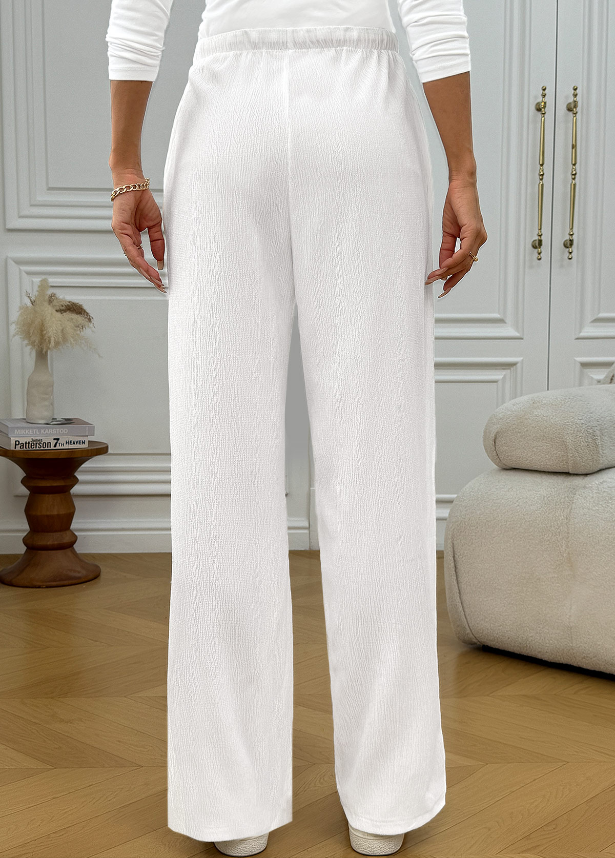 White Pocket Wide Leg Elastic Waist High Waisted Pants | picture 