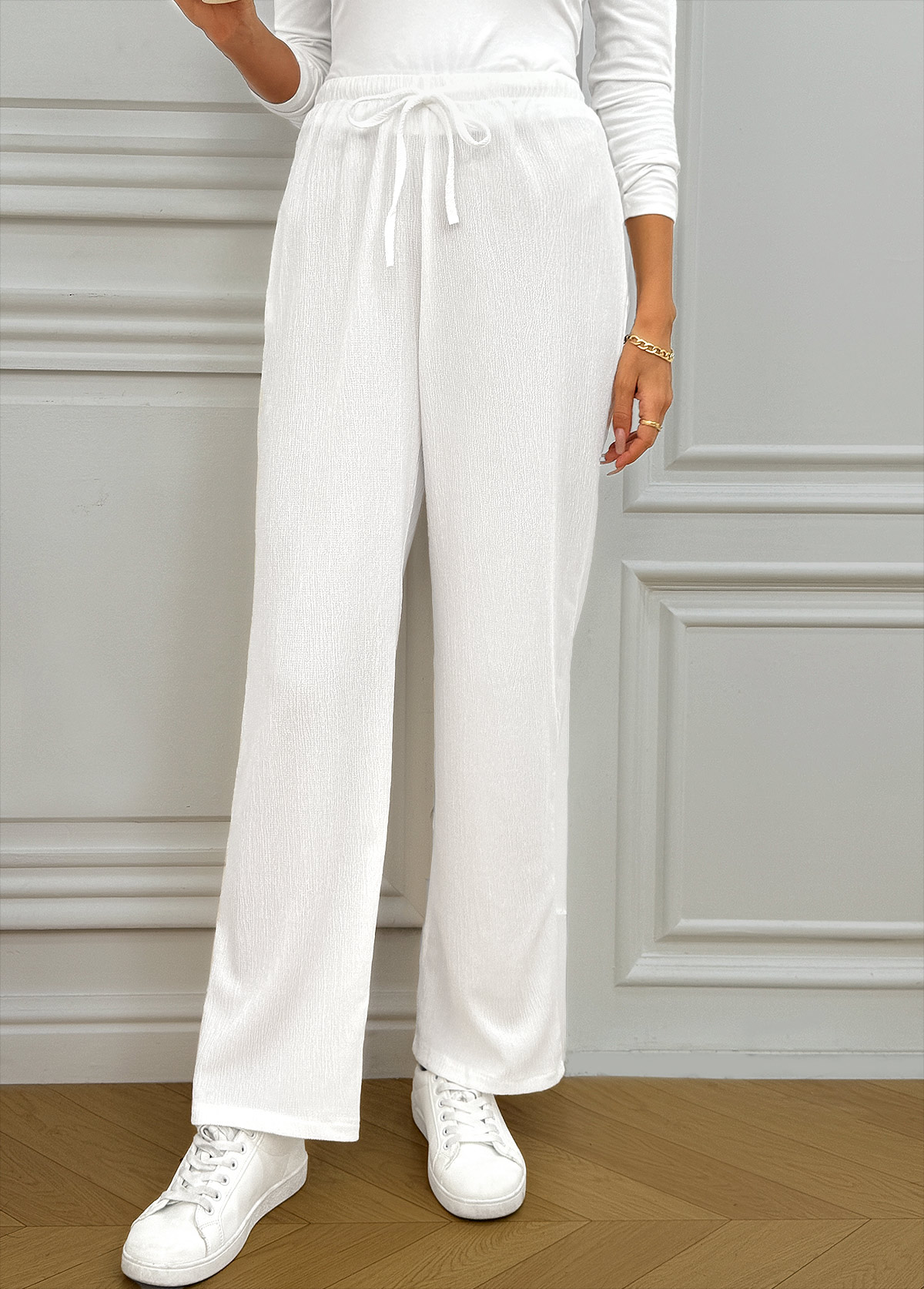 White Pocket Wide Leg Elastic Waist High Waisted Pants | picture 