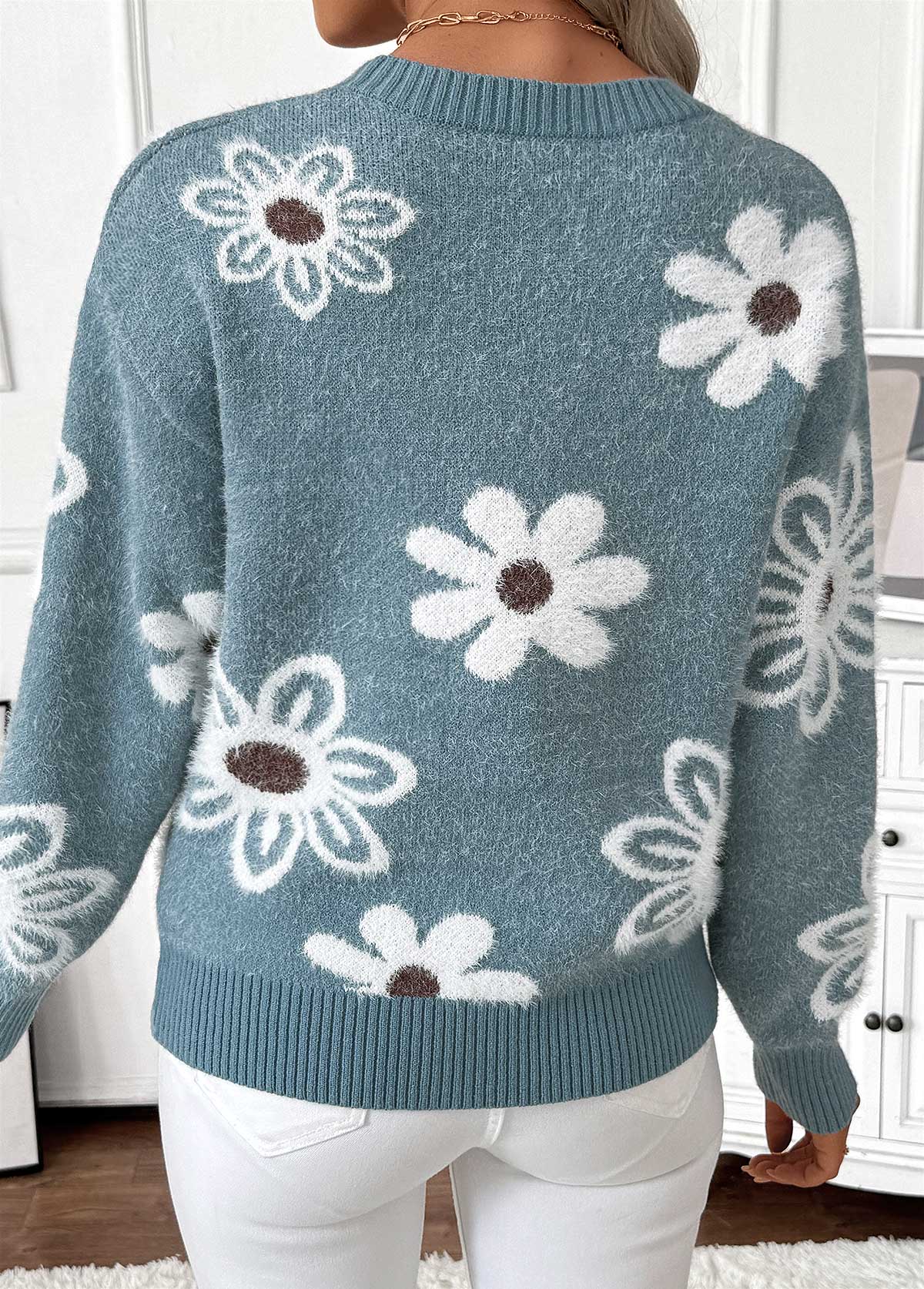 Peacock Blue Tummy Coverage Floral Print Long Sleeve Sweater | picture 