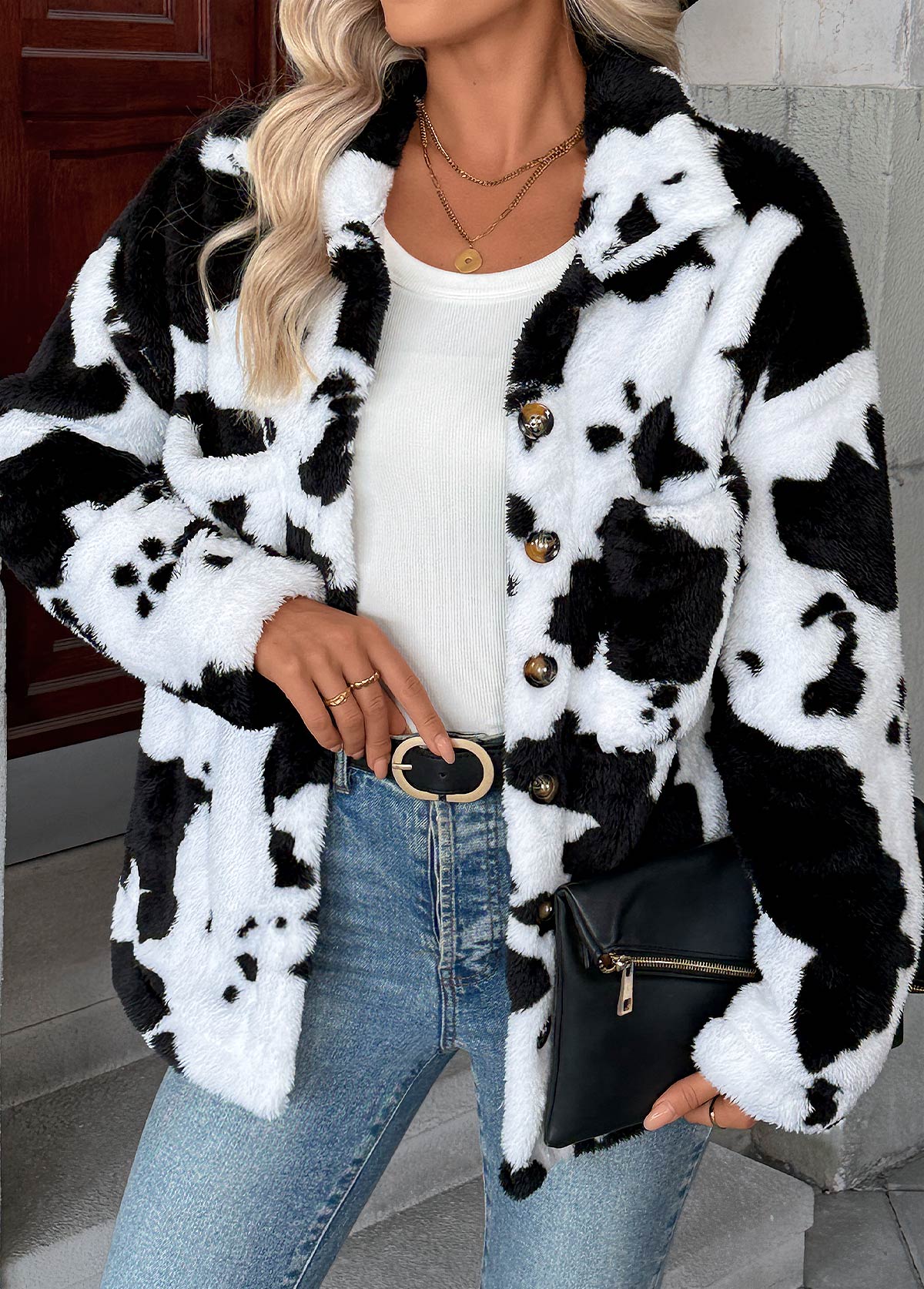 White Tummy Coverage Cow Print Long Sleeve Coat | picture 