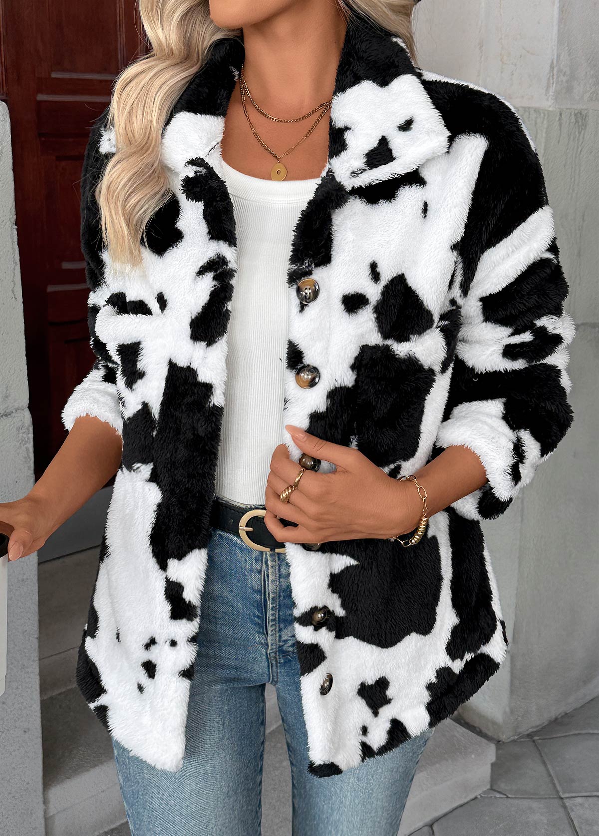 White Tummy Coverage Cow Print Long Sleeve Coat | picture 