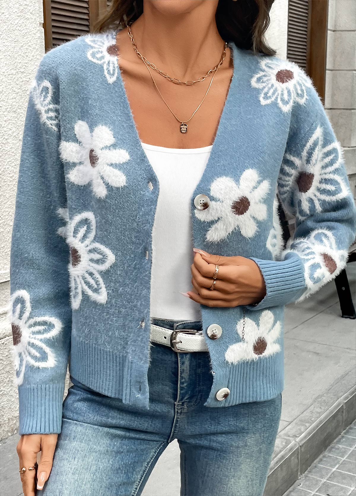 Dusty Blue Tummy Coverage Floral Print Long Sleeve Cardigan | picture 