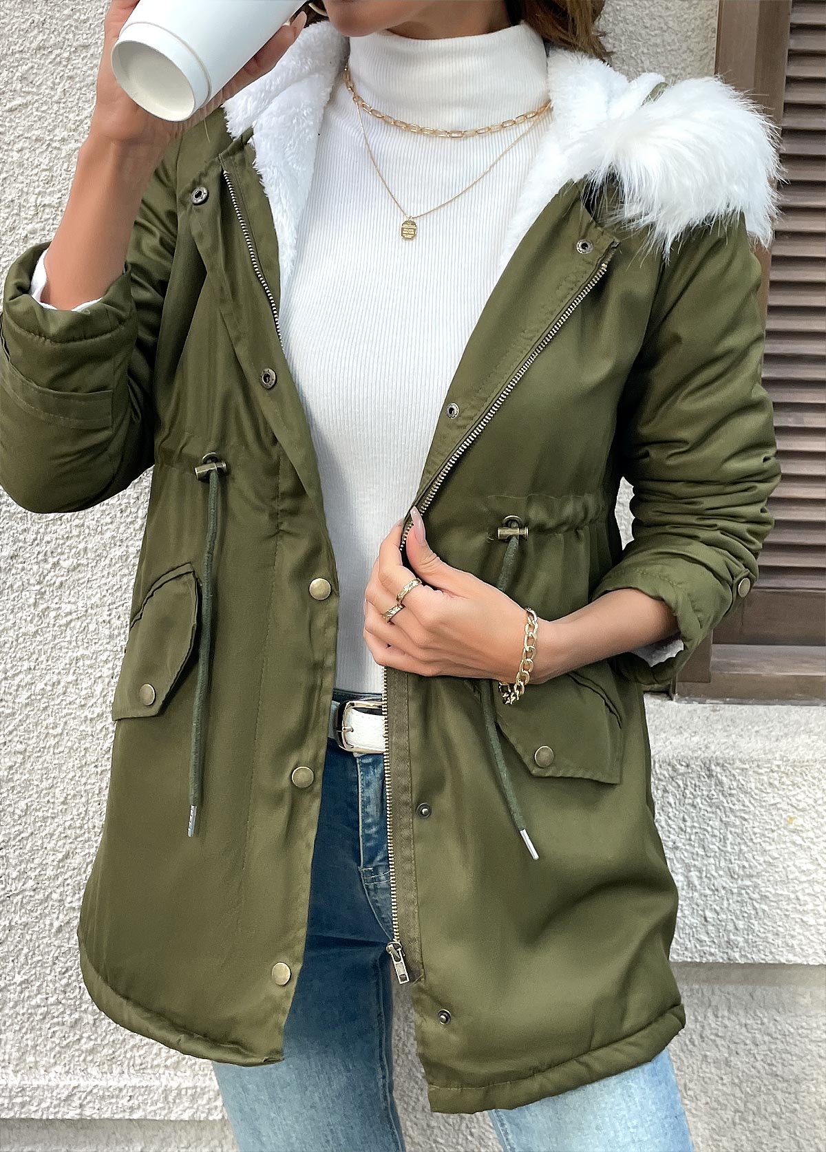 Olive Green Tummy Coverage Long Sleeve Hooded Coat | picture 