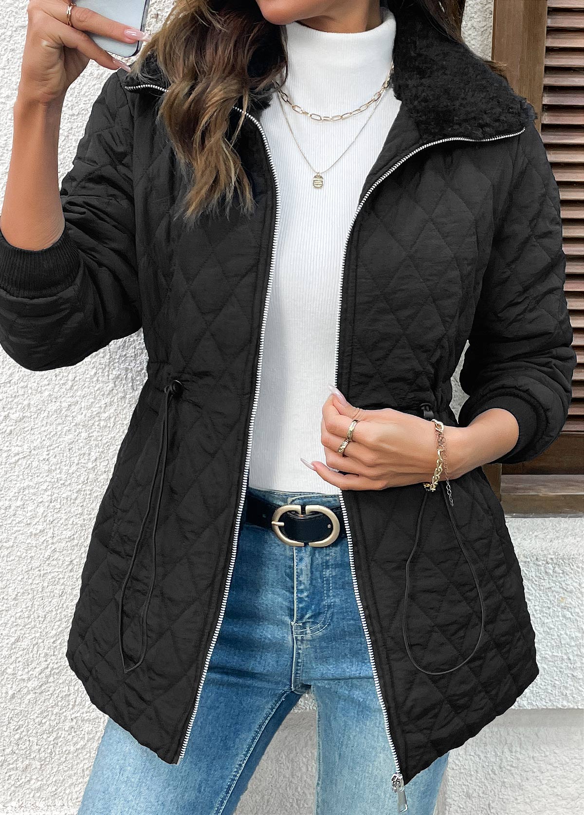 Black Tummy Coverage Long Sleeve Turn Down Collar Coat | picture 
