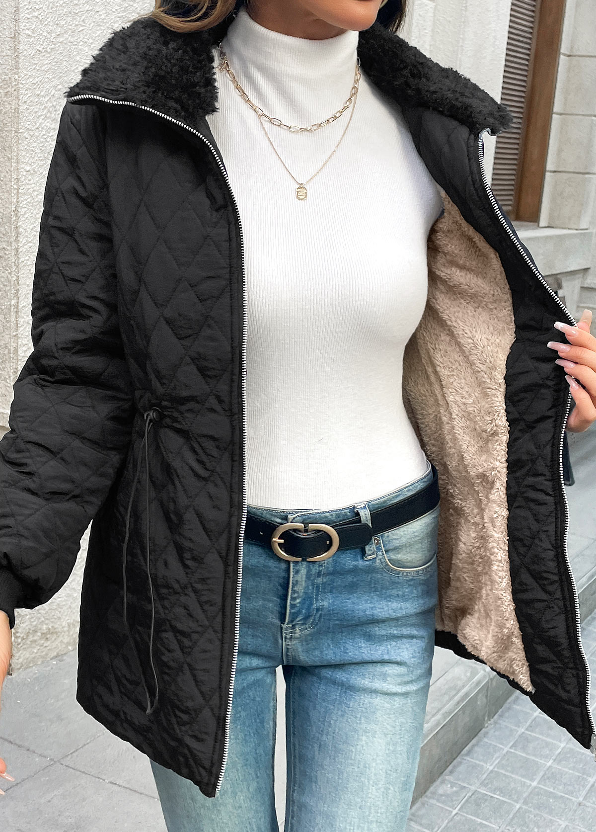 Black Tummy Coverage Long Sleeve Turn Down Collar Coat | picture 