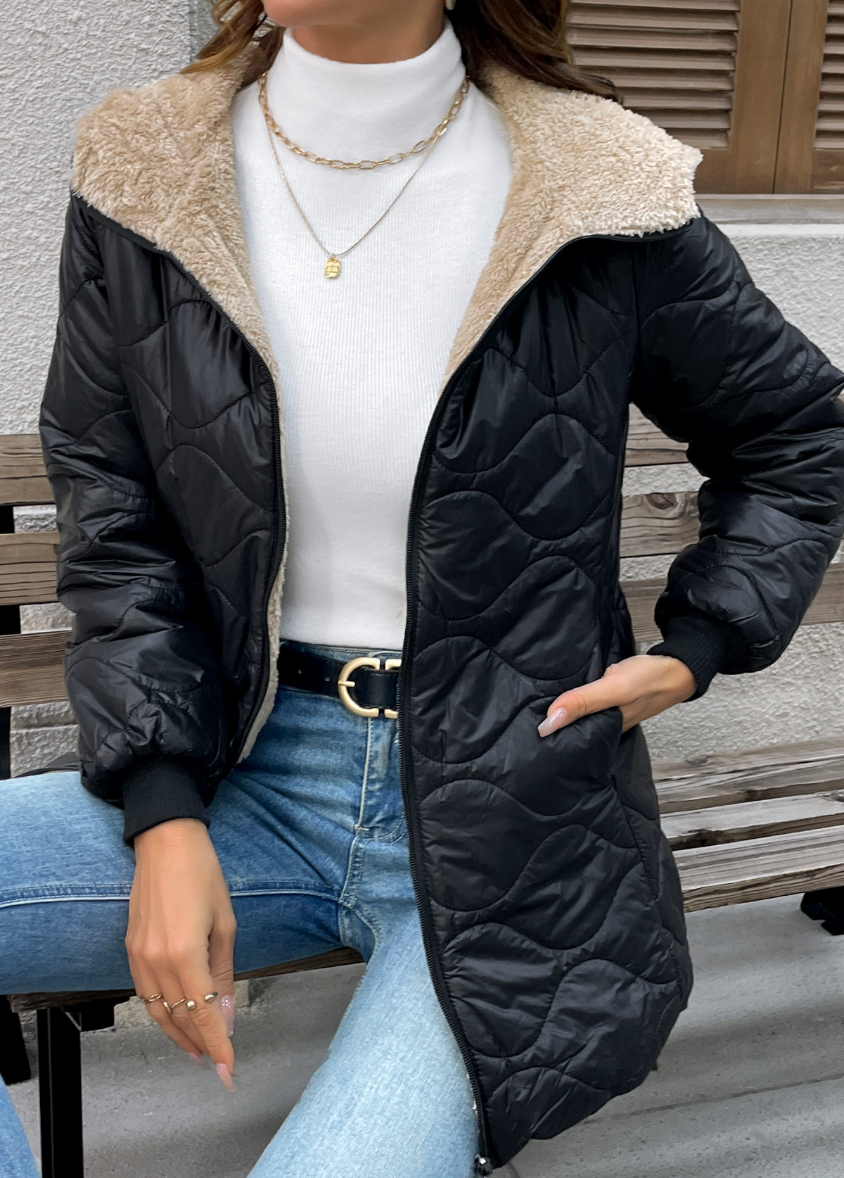 Black Tummy Coverage Long Sleeve Hooded Coat | picture 