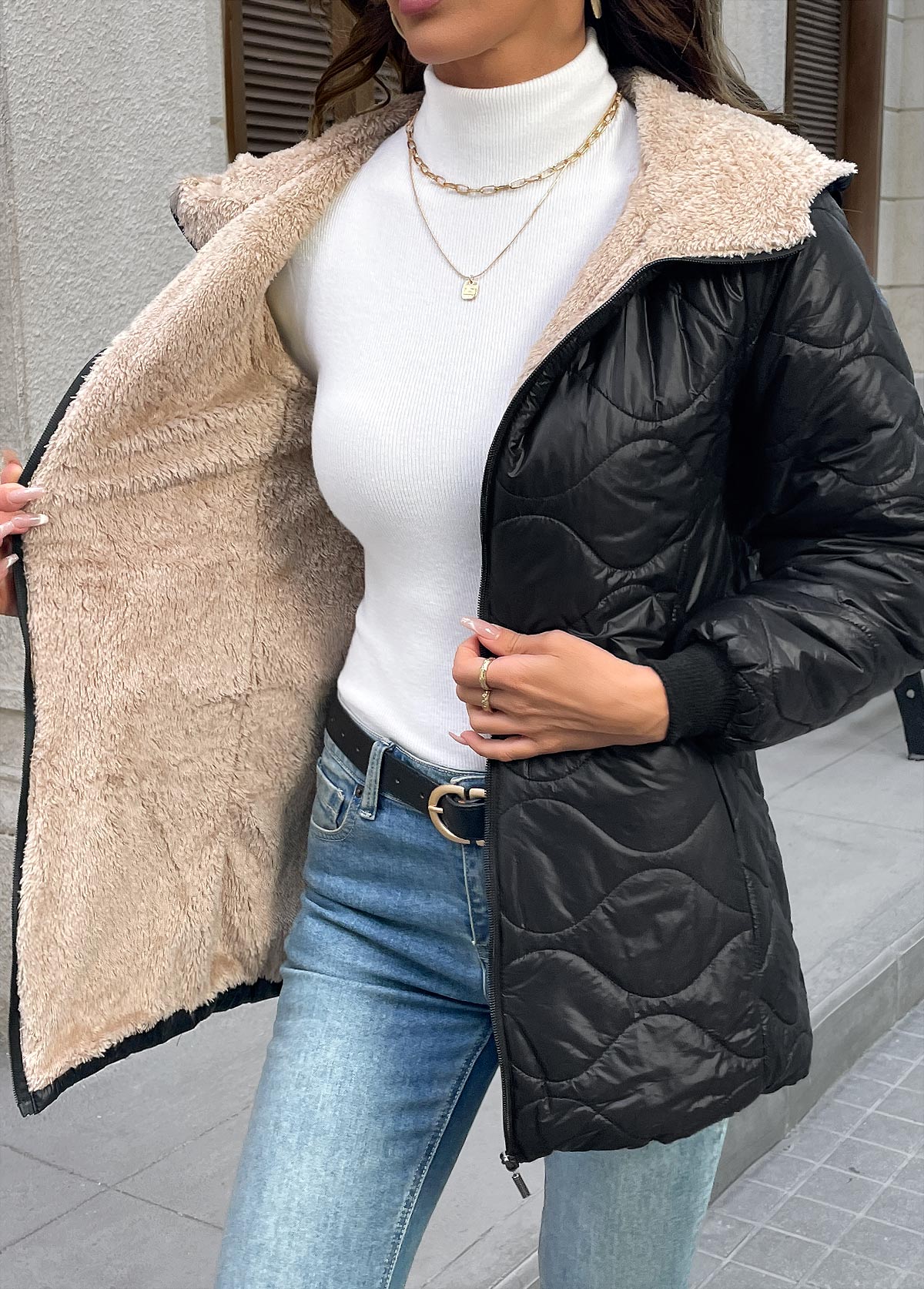 Black Tummy Coverage Long Sleeve Hooded Coat | picture 