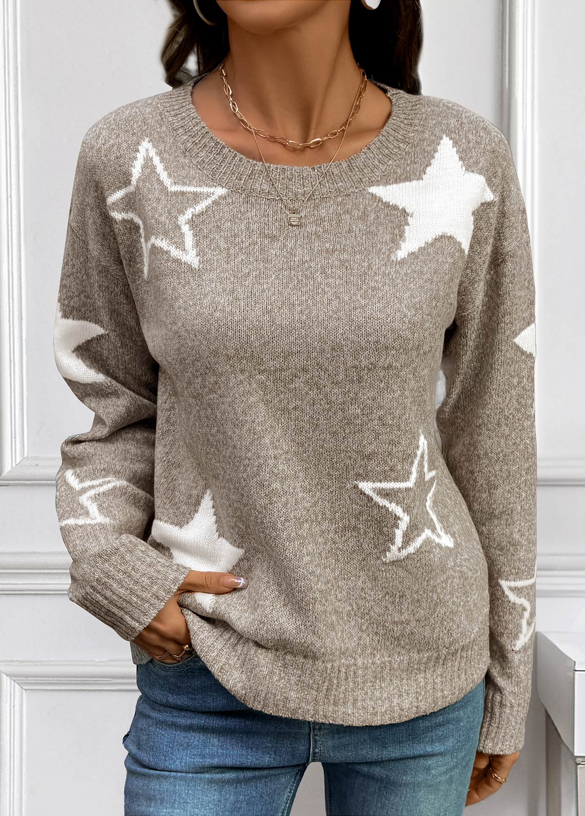 Gray Brown Tummy Coverage Star Print Long Sleeve Sweater | picture 