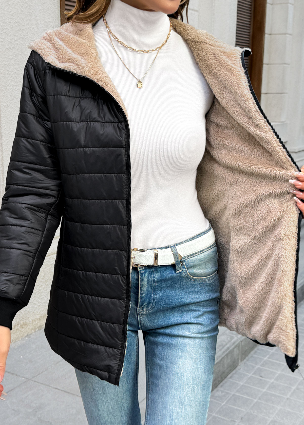 Black Tummy Coverage Long Sleeve Hooded Coat | picture 