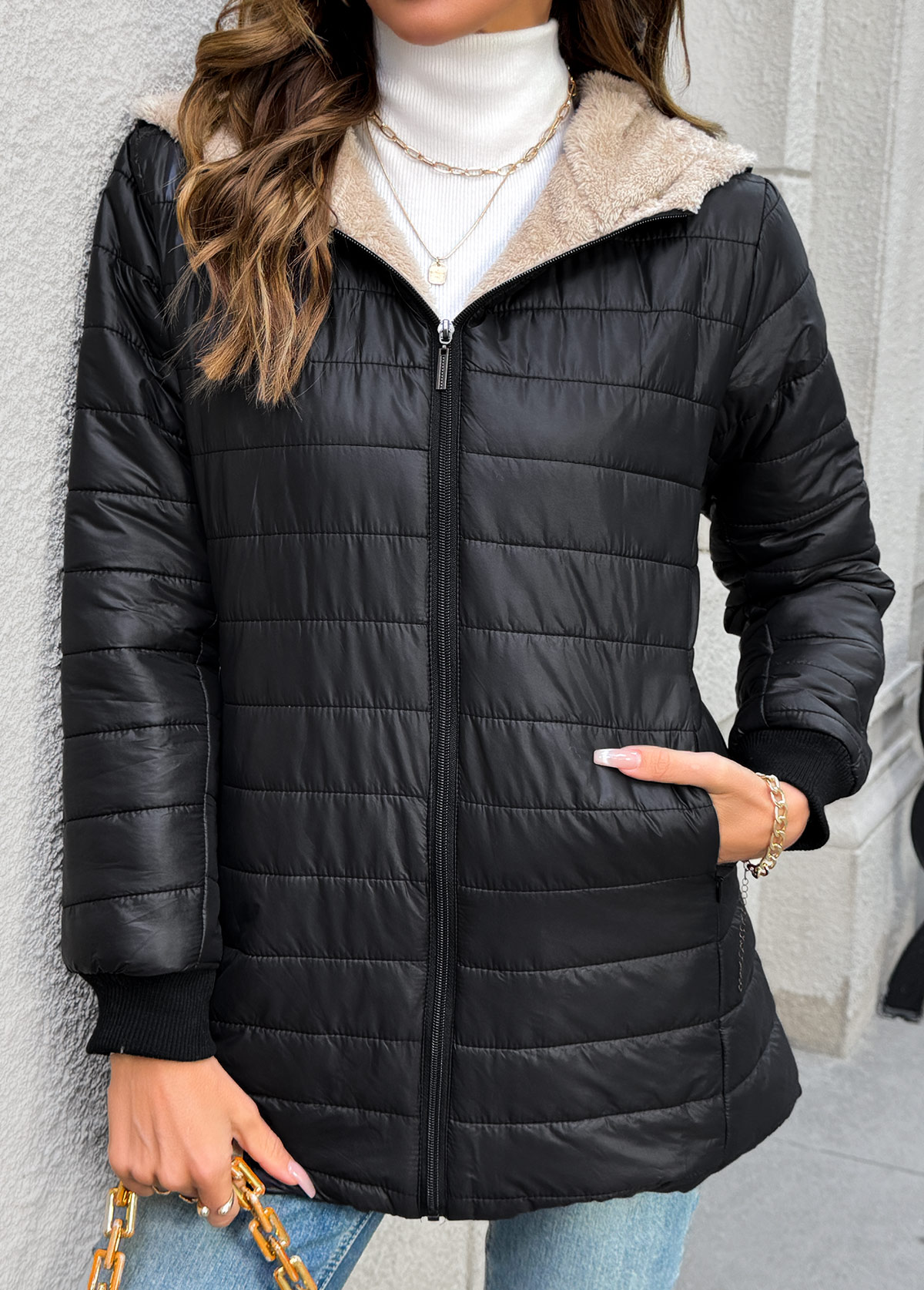 Black Tummy Coverage Long Sleeve Hooded Coat | picture 