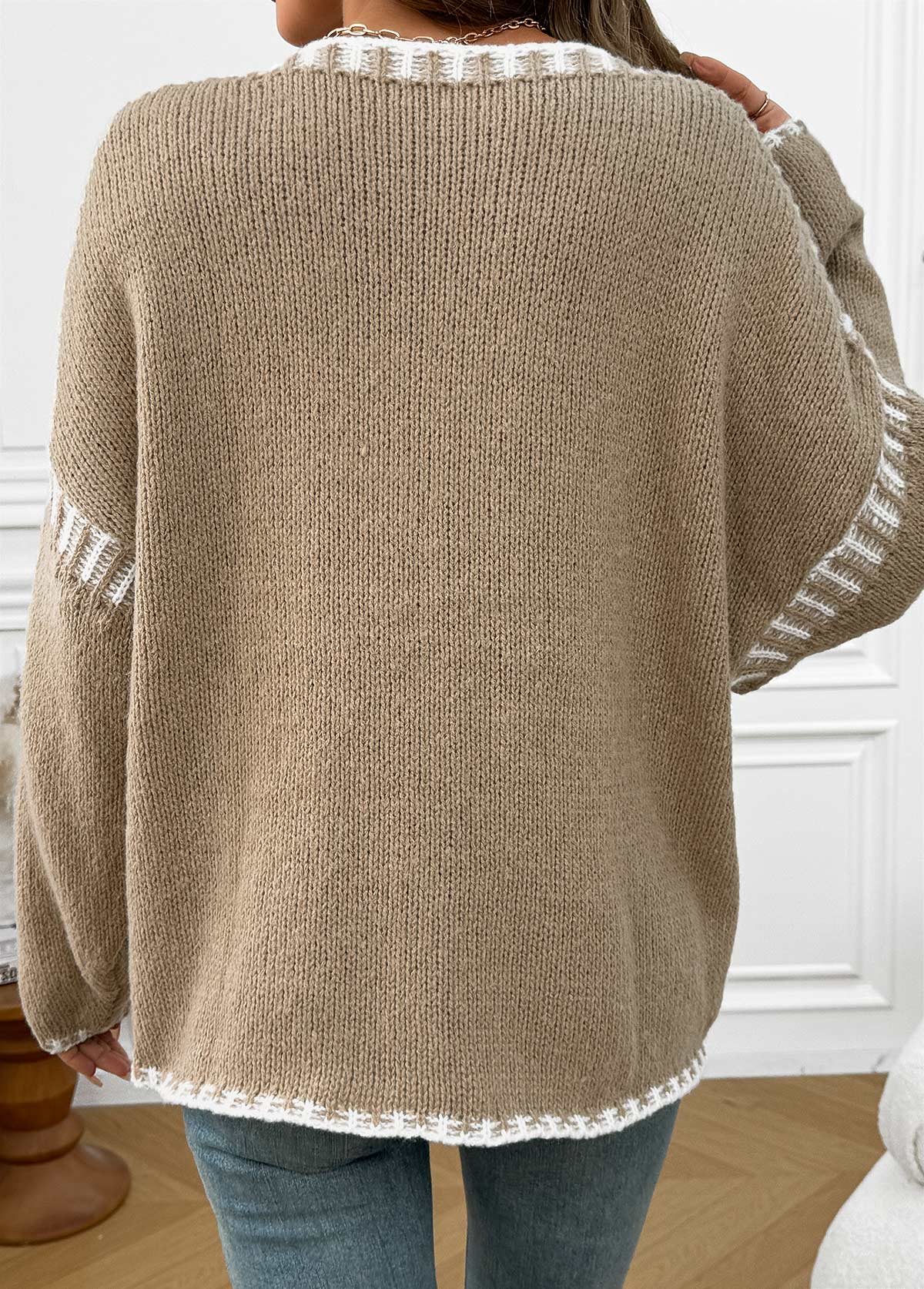 Light Camel Tummy Coverage Long Sleeve Round Neck Sweater | picture 