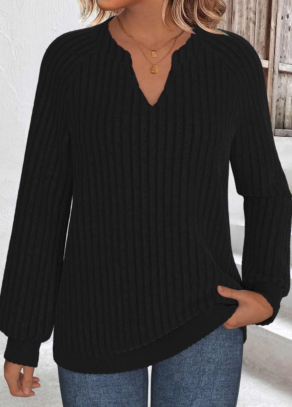 Black Long Sleeve Split Neck Sweatshirt | picture 