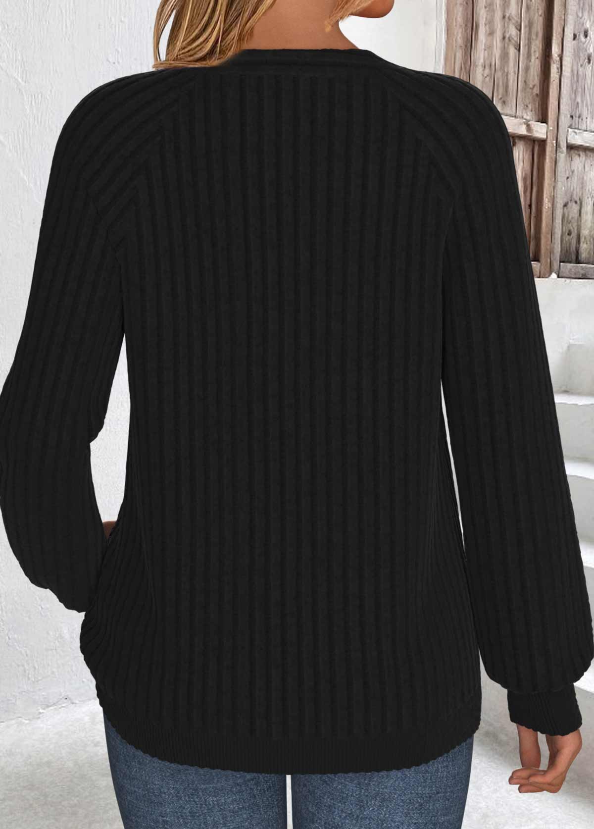 Black Long Sleeve Split Neck Sweatshirt | picture 
