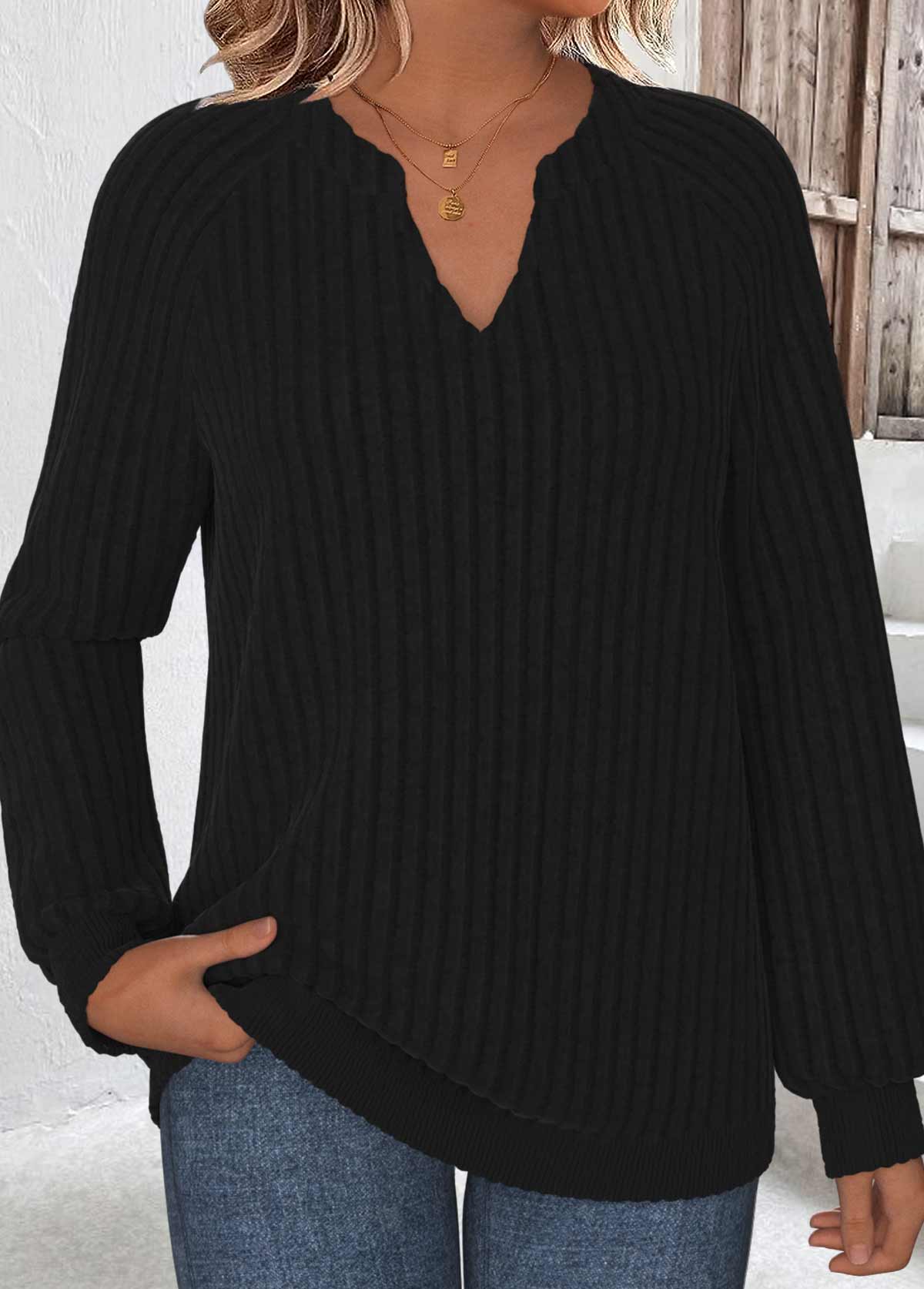 Black Long Sleeve Split Neck Sweatshirt | picture 