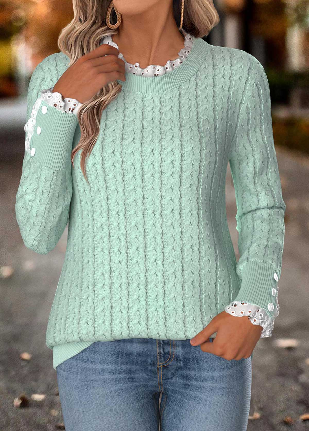Mint Green Curved Hem Long Sleeve Round Neck Sweatshirt | picture 