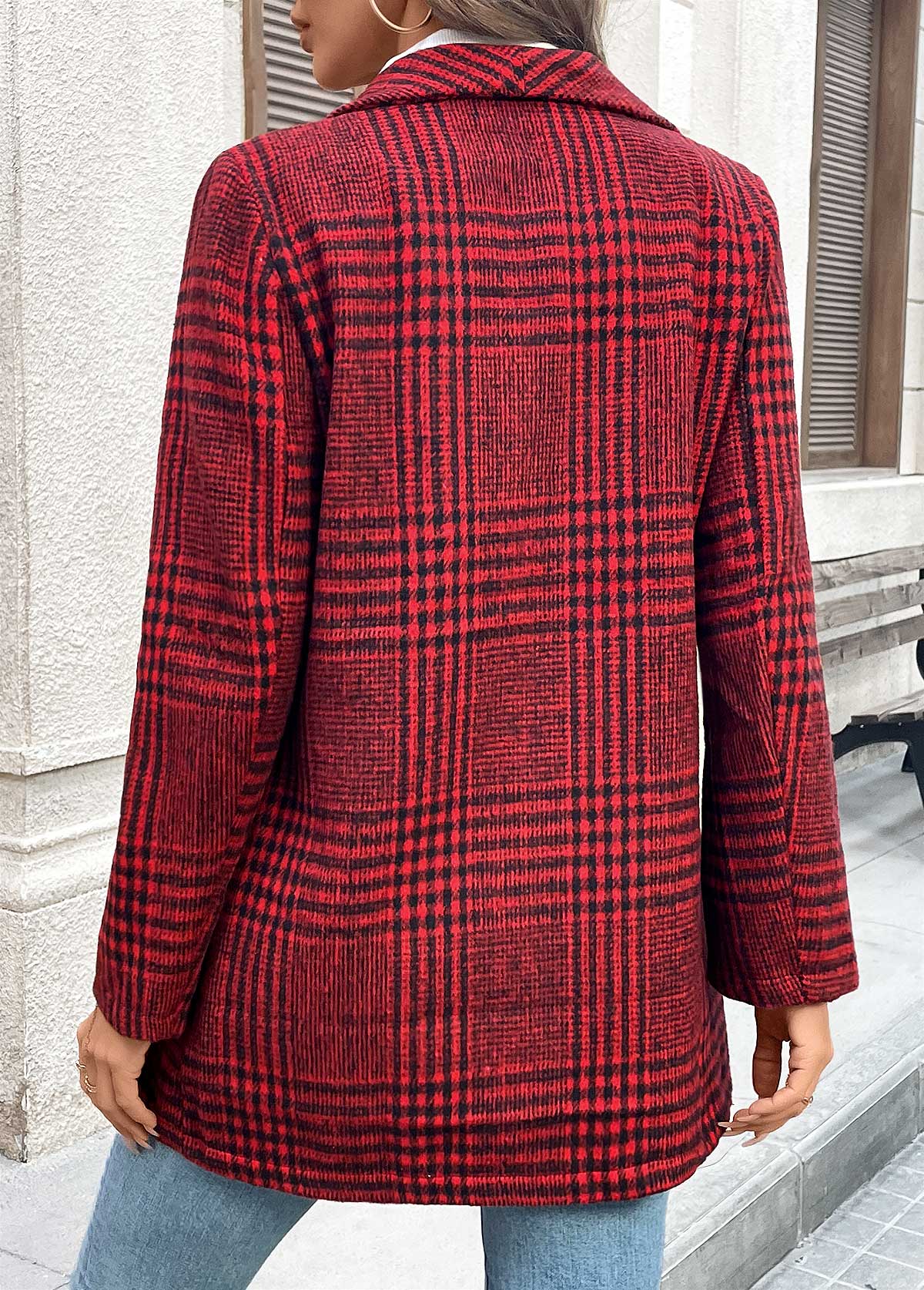 Wine Red Button Plaid Long Sleeve Lapel Coat | picture 
