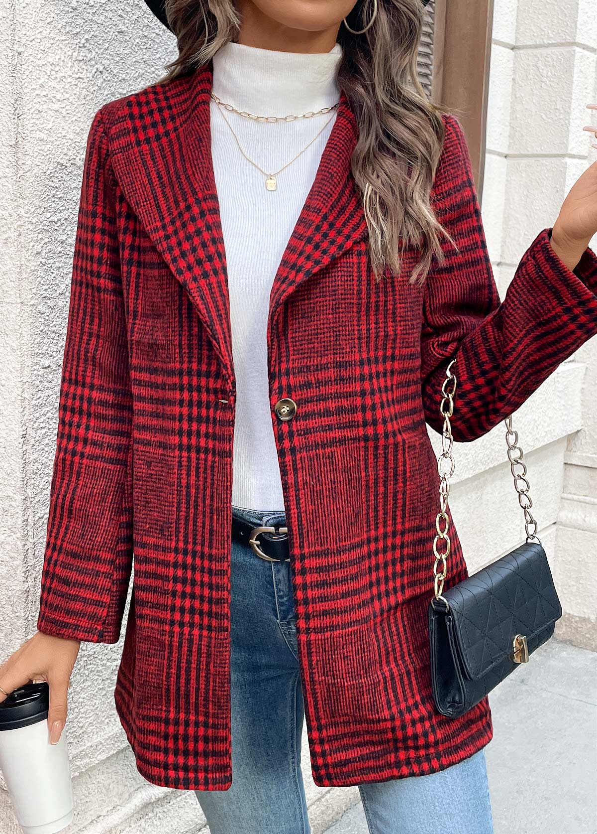 Wine Red Button Plaid Long Sleeve Lapel Coat | picture 