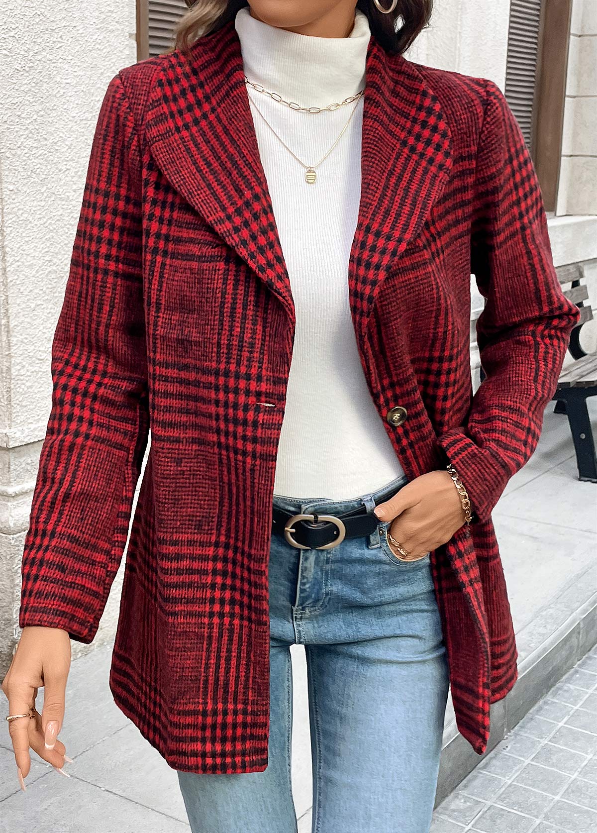 Wine Red Button Plaid Long Sleeve Lapel Coat | picture 